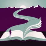 Open book whose pages unfold into a path toward a sunrise horizon, a metaphor for courage in AI education