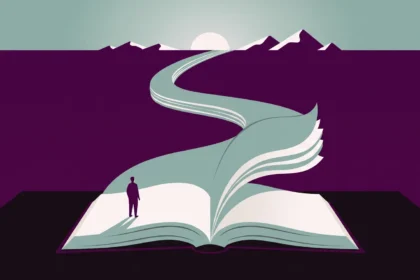 Open book whose pages unfold into a path toward a sunrise horizon, a metaphor for courage in AI education