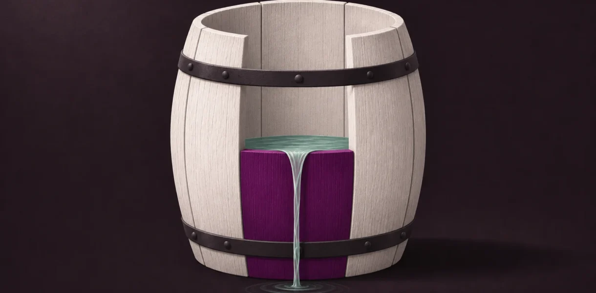 Wooden barrel with one short plum stave, where the water stops at the shortest stave and spills over, showing how the weakest dimension caps AI readiness