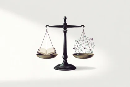 Balance scale weighing an open book against a network of nodes, a metaphor for balancing human wisdom and AI
