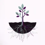 Young tree with roots branching into circuit traces, a metaphor for raising responsible digital citizens