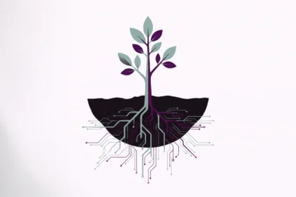 Young tree with roots branching into circuit traces, a metaphor for raising responsible digital citizens