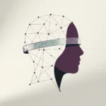Head silhouette formed by connected points with a slim interface band at the temple, illustrating neurotechnology