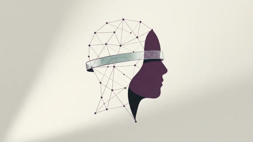 Head silhouette formed by connected points with a slim interface band at the temple, illustrating neurotechnology