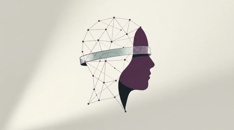 Head silhouette formed by connected points with a slim interface band at the temple, illustrating neurotechnology