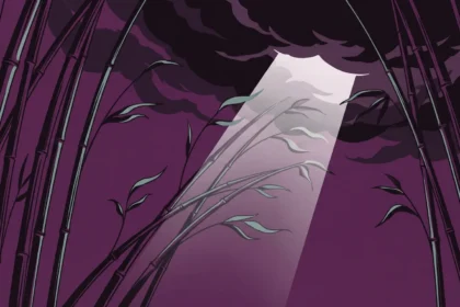 Bamboo bending in a storm without breaking under a shaft of light, a metaphor for resilience through change